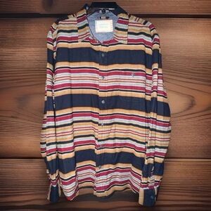 American Threads Men's Horizontal Striped Button Down Shirt-Navy,Gold,Red-XL-EUC